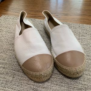 Aldo Woman’s 6.5 White Tan Toe Leather Espadrilles Made in Spain